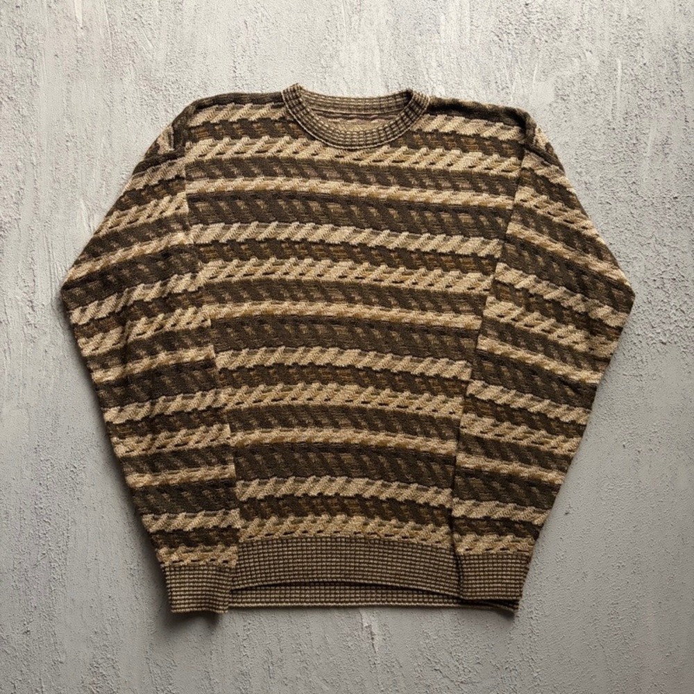 Vintage Striped Sweater XL Brown 1990s Abstract Geometric Crewneck